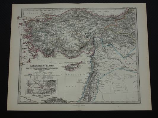 Oude landkaart van Turkije Cyprus Syrië Palestina Libanon 1878 originele antieke Duitse kaart