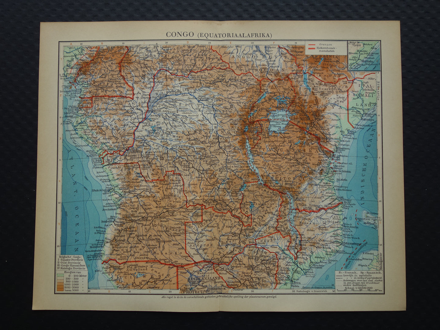 Oude kaart van Centraal Afrika uit 1934 originele Nederlandse landkaart van Midden-Afrika Congo Angola Tanzania historische vintage print