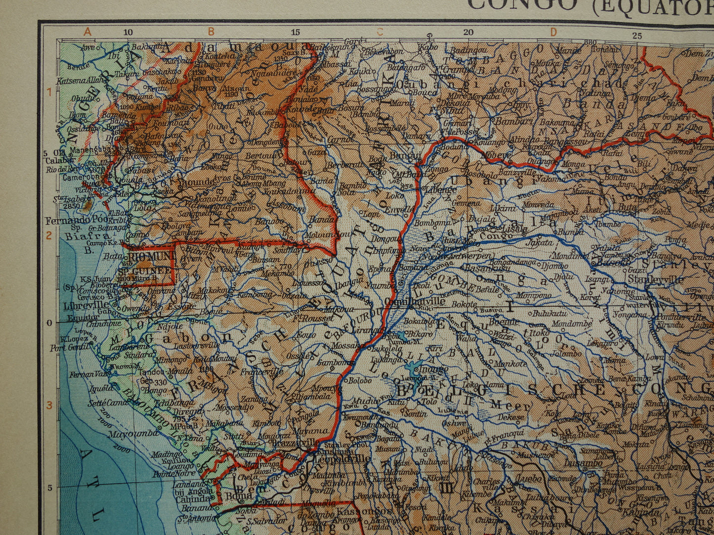 Oude kaart van Centraal Afrika uit 1934 originele Nederlandse landkaart van Midden-Afrika Congo Angola Tanzania historische vintage print