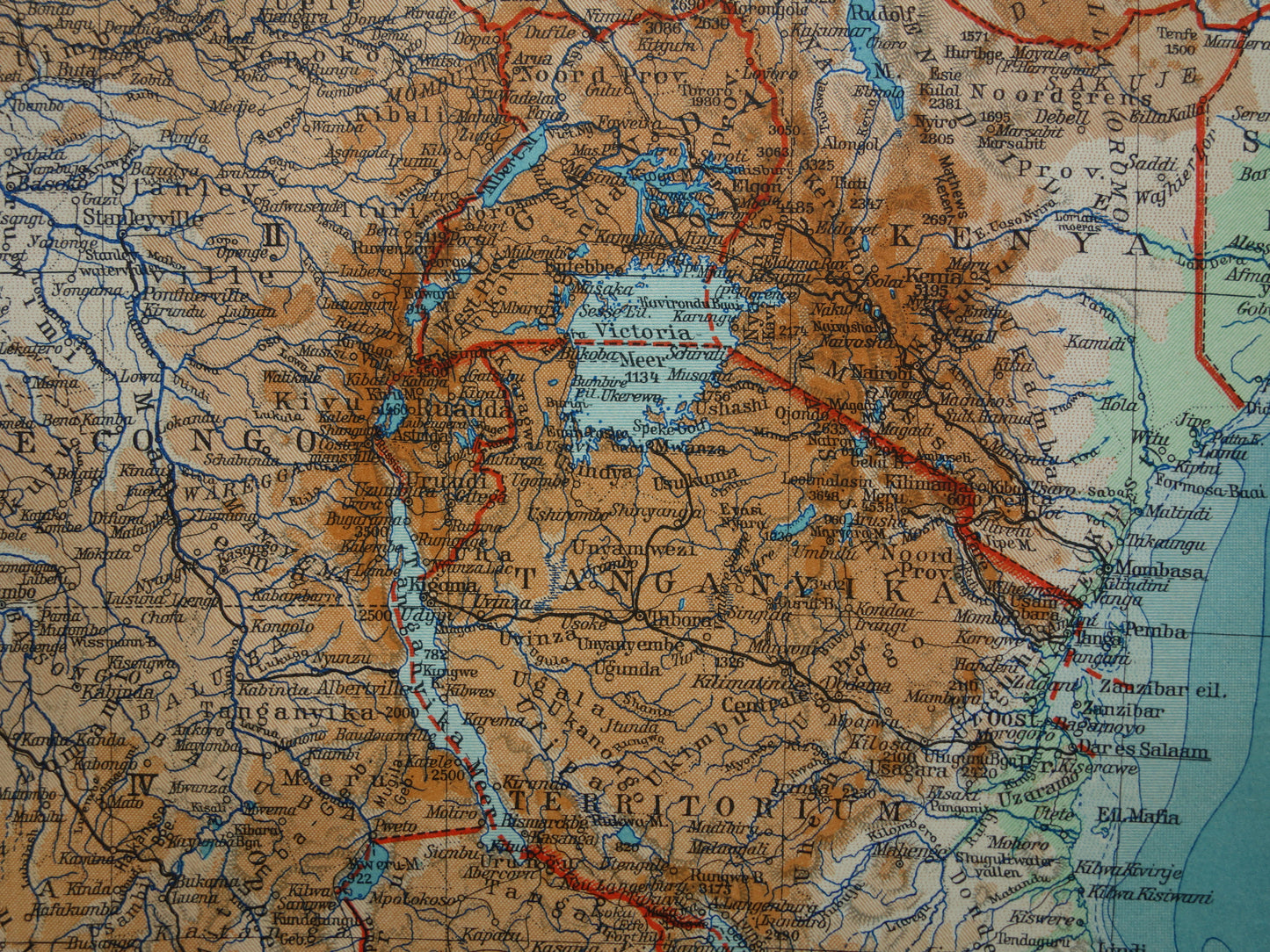 Oude kaart van Centraal Afrika uit 1934 originele Nederlandse landkaart van Midden-Afrika Congo Angola Tanzania historische vintage print