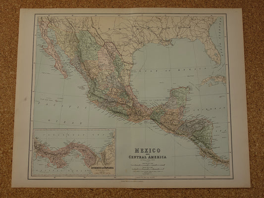 Grote oude kaart van Mexico 1890 originele antieke Engelse landkaart Panama Centraal-Amerika kaarten