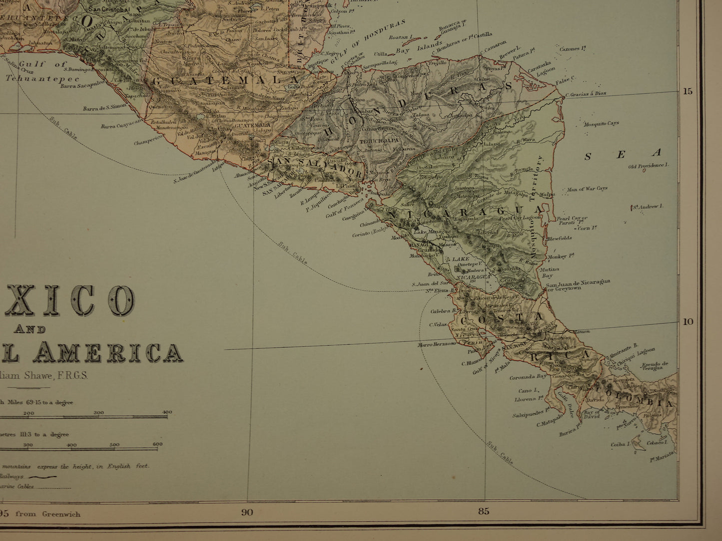 Grote oude kaart van Mexico 1890 originele antieke Engelse landkaart Panama Centraal-Amerika kaarten