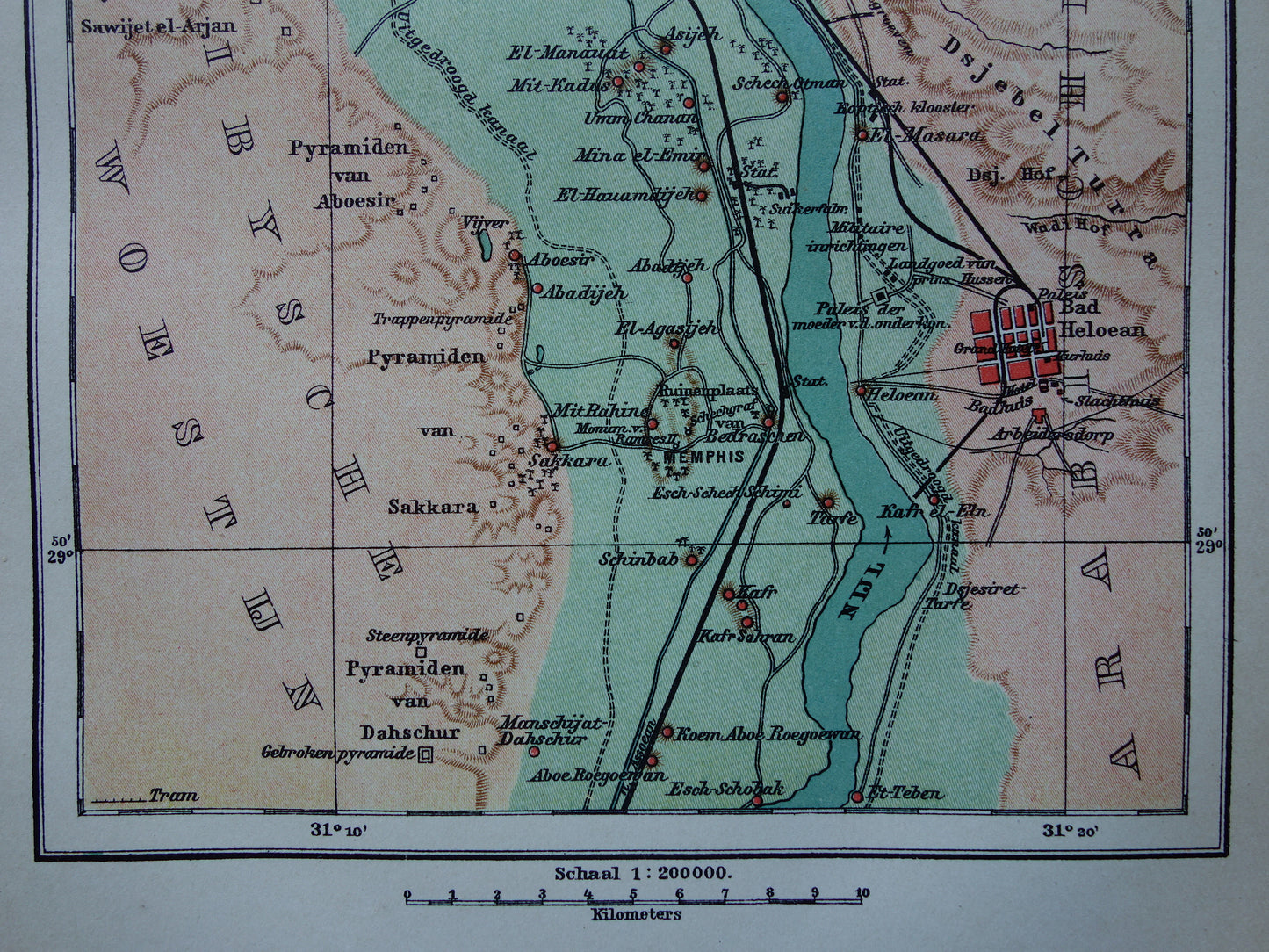 Oude kaart van Caïro Egypte uit 1909 antieke Nederlandse plattegrond van Cairo en de pyramiden