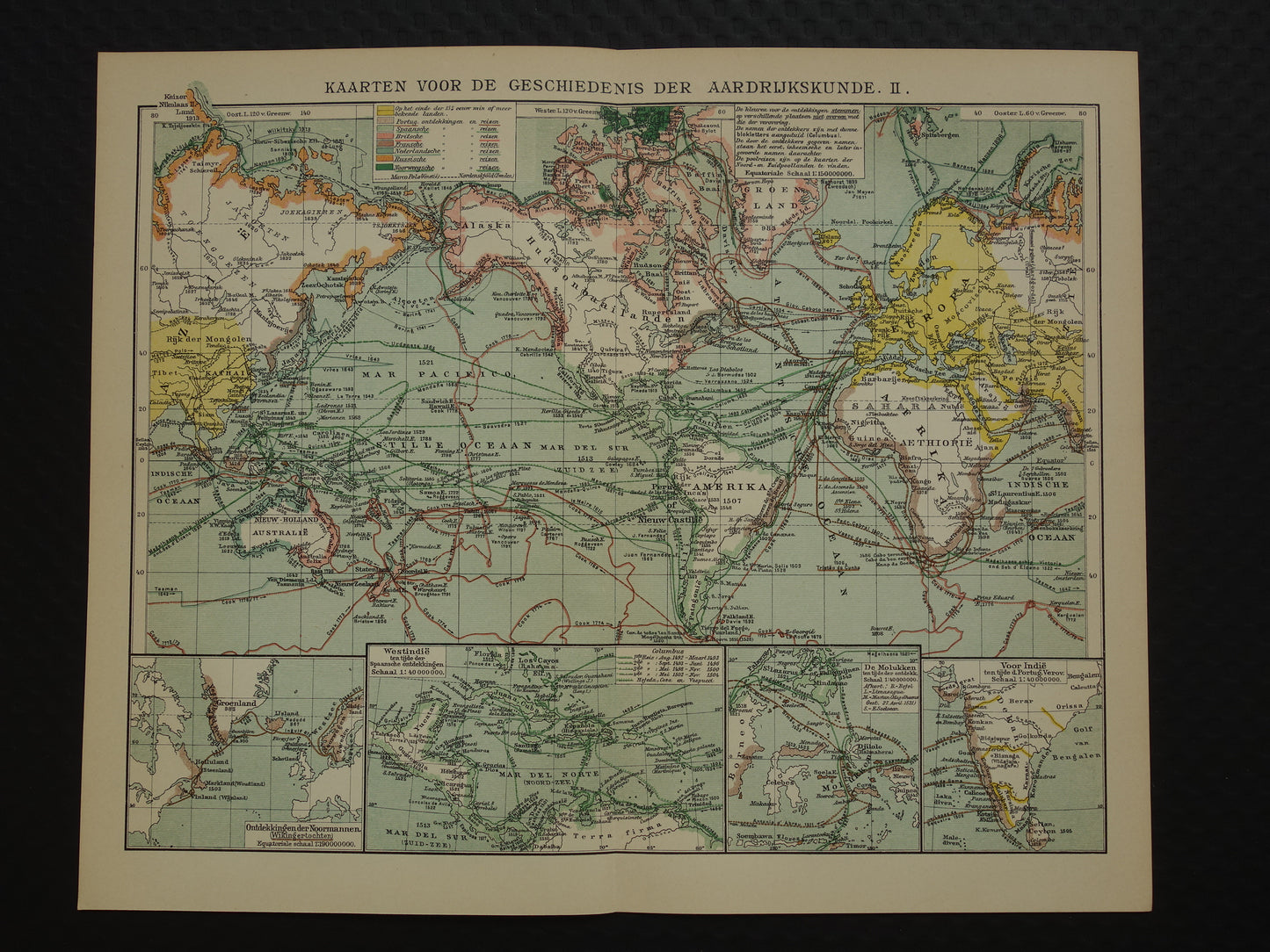 WERELDKAART oude kaart van de wereld met routes ontdekkingsreizigers 1914 originele antieke Nederlandse kaart over ontdekkingsreizen