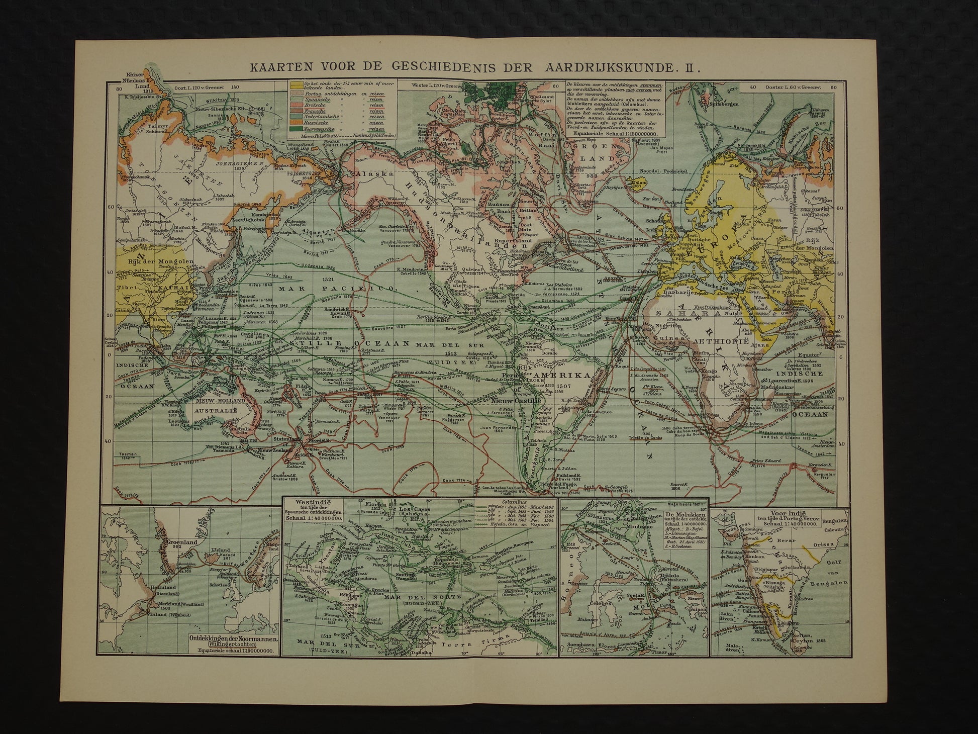 WERELDKAART oude kaart van de wereld met routes ontdekkingsreizigers 1914 originele antieke Nederlandse kaart over ontdekkingsreizen
