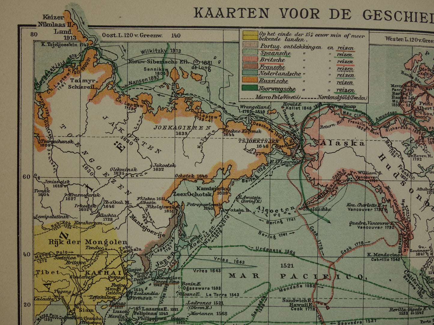 WERELDKAART oude kaart van de wereld met routes ontdekkingsreizigers 1914 originele antieke Nederlandse kaart over ontdekkingsreizen