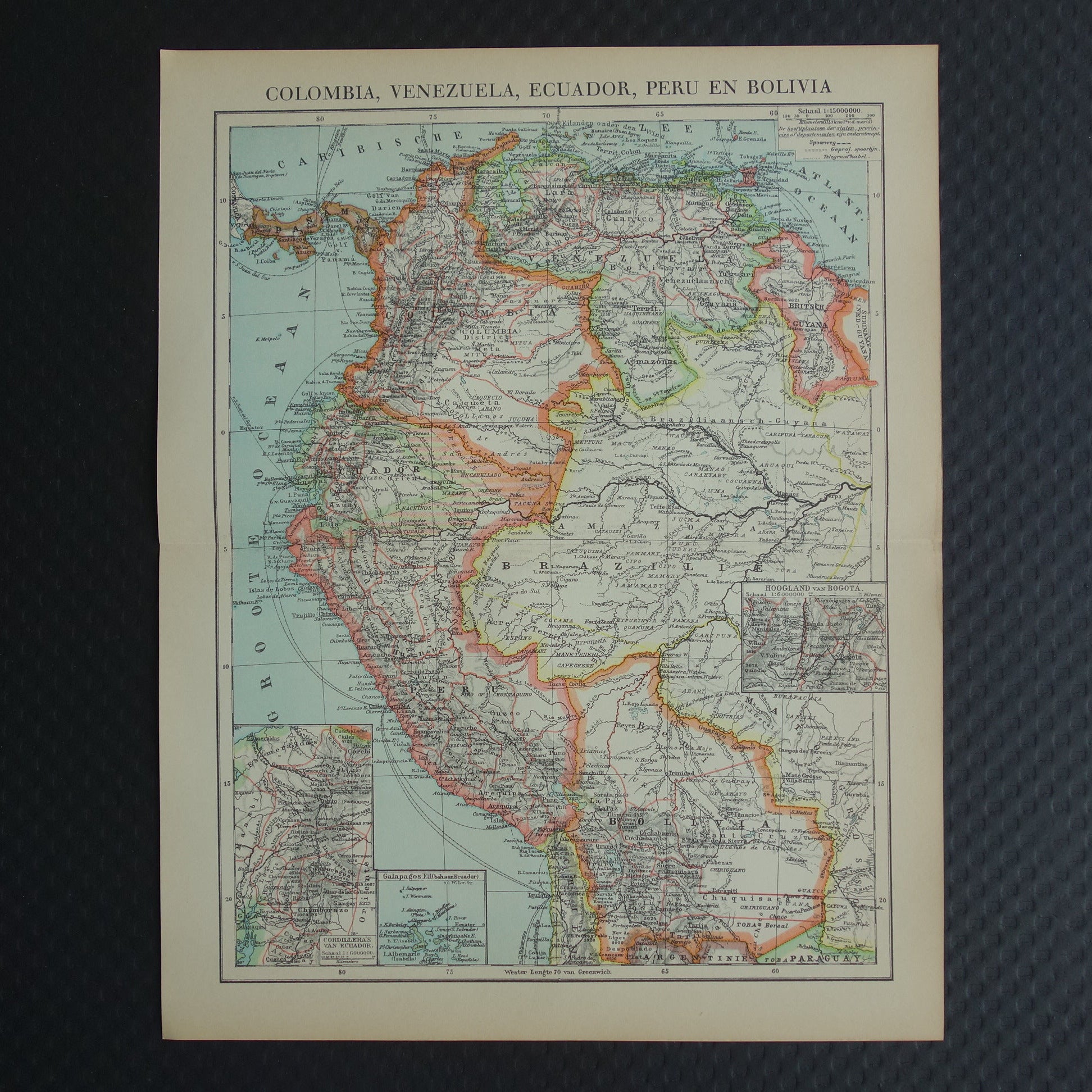 Oude kaart Venezuela Colombia Ecuador Peru en Bolivia historische landkaart Galapagos vintage Nederlandse kaarten