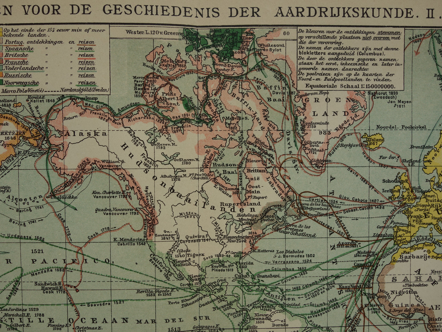 WERELDKAART oude kaart van de wereld met routes ontdekkingsreizigers 1914 originele antieke Nederlandse kaart over ontdekkingsreizen