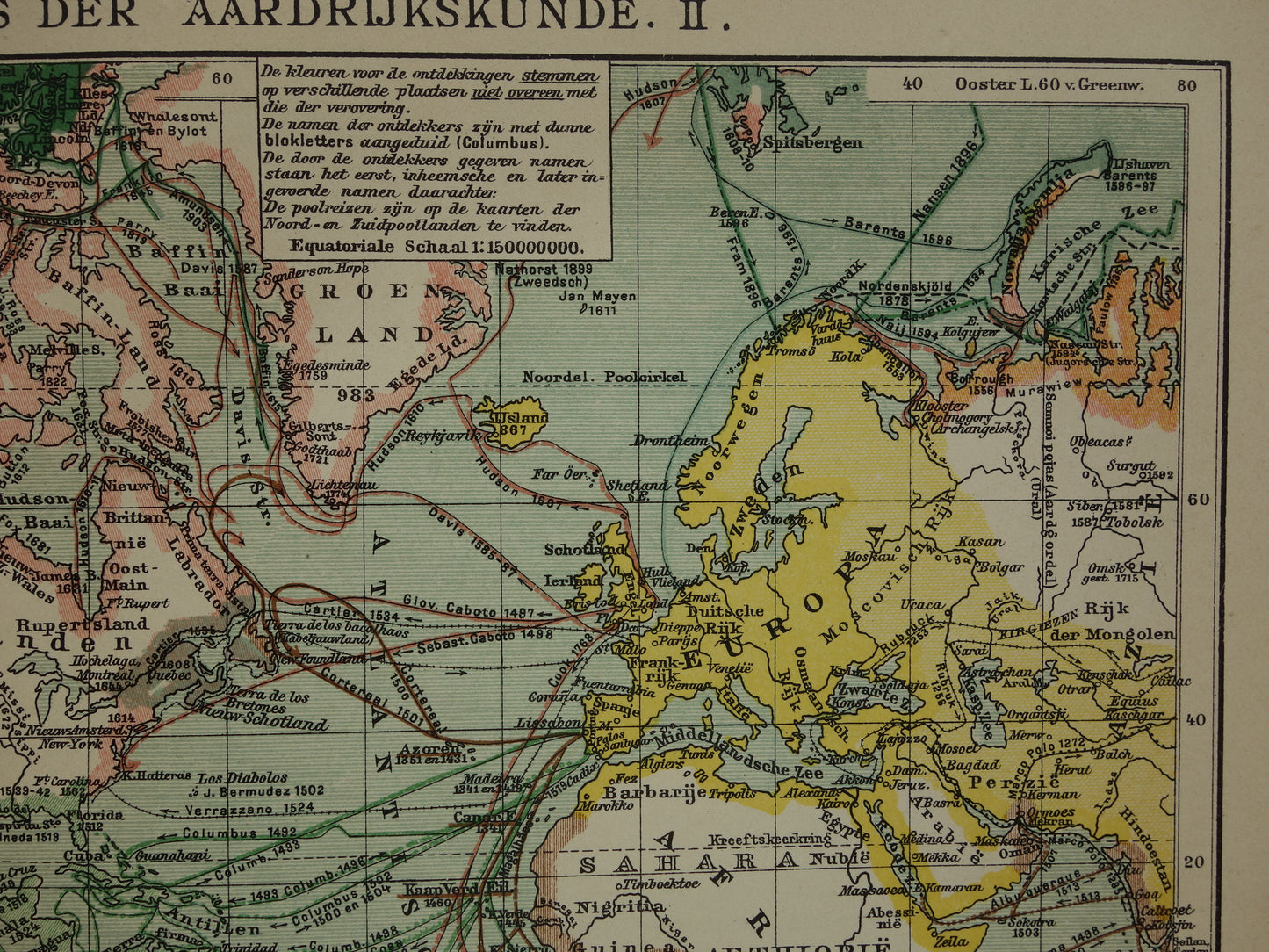 WERELDKAART oude kaart van de wereld met routes ontdekkingsreizigers 1914 originele antieke Nederlandse kaart over ontdekkingsreizen