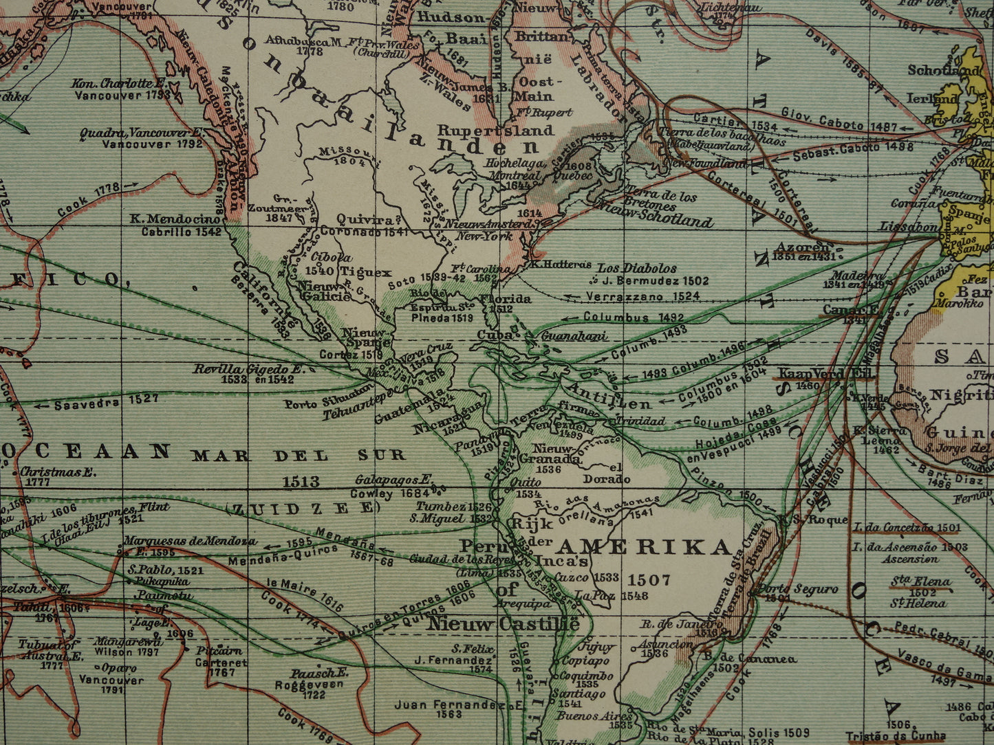 WERELDKAART oude kaart van de wereld met routes ontdekkingsreizigers 1914 originele antieke Nederlandse kaart over ontdekkingsreizen