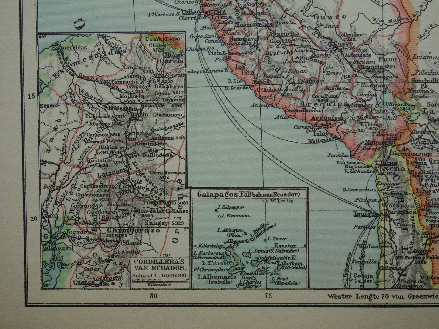 Oude kaart Venezuela Colombia Ecuador Peru en Bolivia historische landkaart Galapagos vintage Nederlandse kaarten