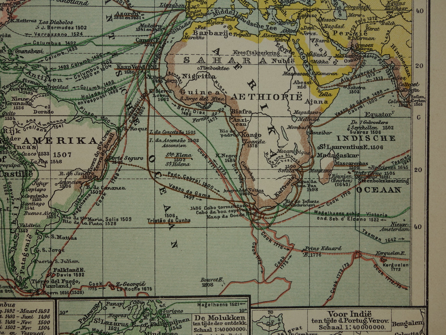 WERELDKAART oude kaart van de wereld met routes ontdekkingsreizigers 1914 originele antieke Nederlandse kaart over ontdekkingsreizen