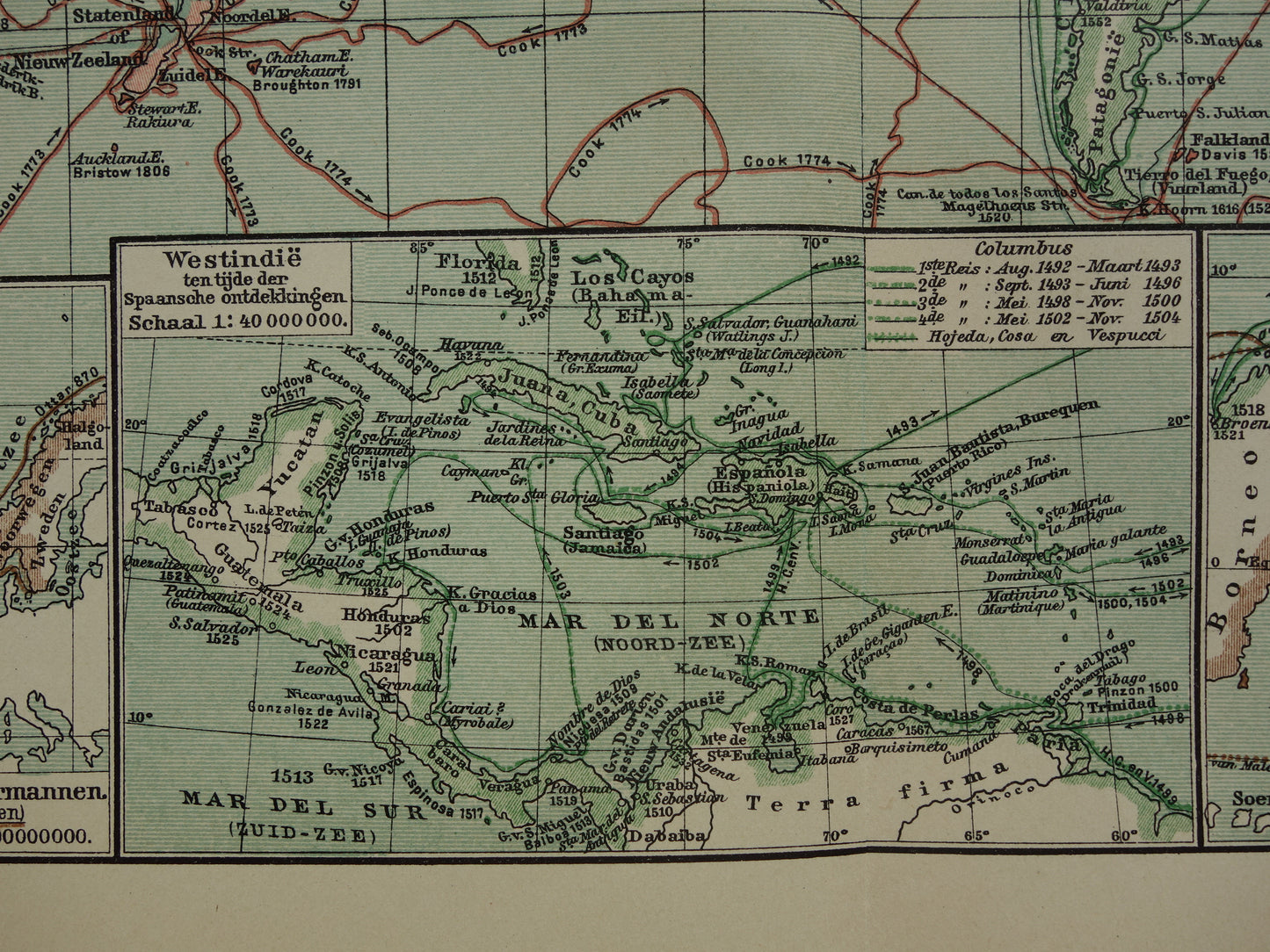 WERELDKAART oude kaart van de wereld met routes ontdekkingsreizigers 1914 originele antieke Nederlandse kaart over ontdekkingsreizen