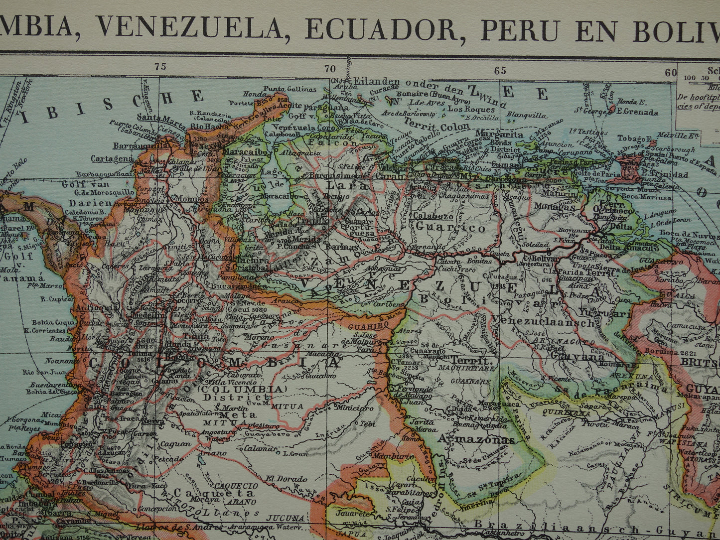 Oude kaart Venezuela Colombia Ecuador Peru en Bolivia historische landkaart Galapagos vintage Nederlandse kaarten