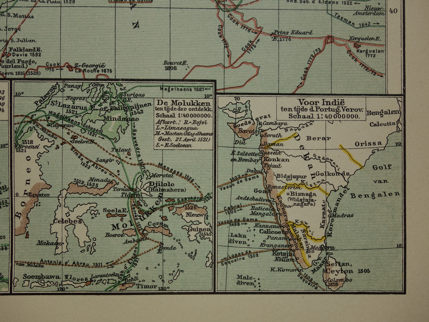 WERELDKAART oude kaart van de wereld met routes ontdekkingsreizigers 1914 originele antieke Nederlandse kaart over ontdekkingsreizen