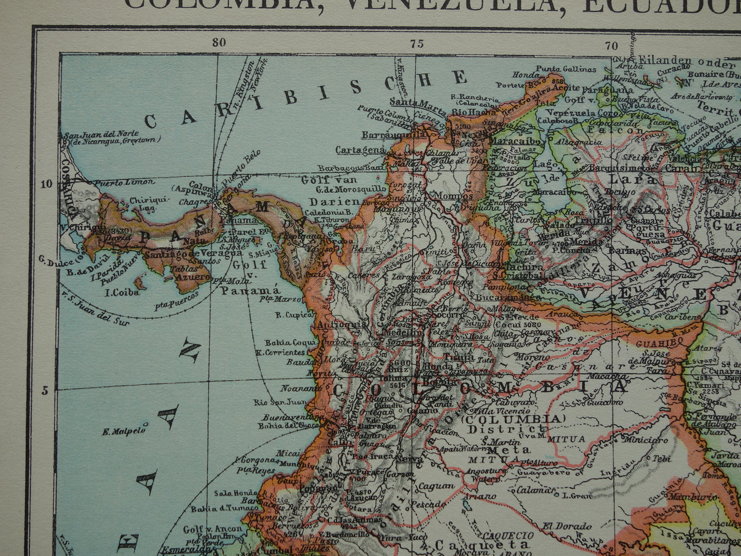 Oude kaart Venezuela Colombia Ecuador Peru en Bolivia historische landkaart Galapagos vintage Nederlandse kaarten