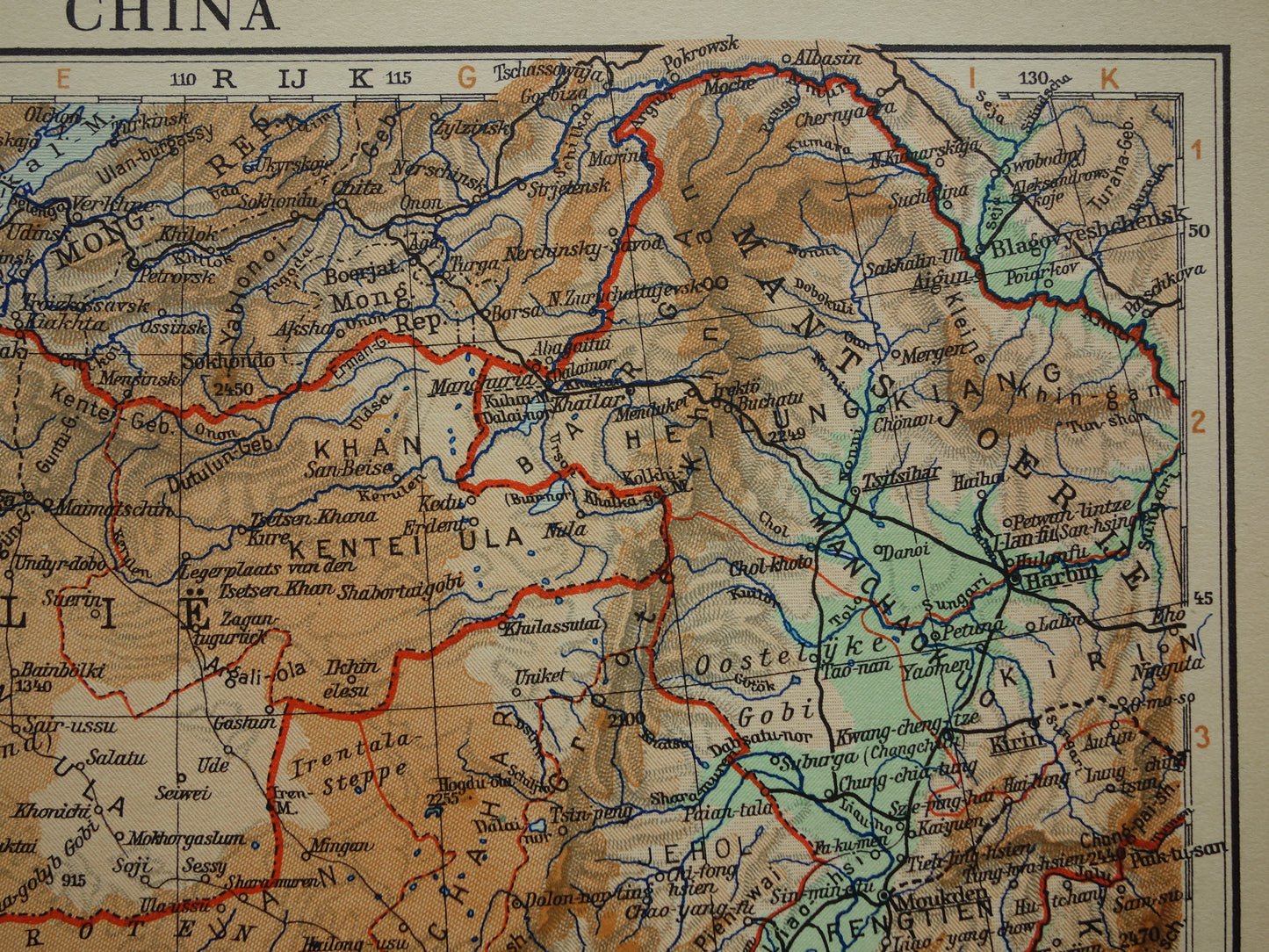 Oude kaart van China uit 1934 originele Nederlandse landkaart van China historische vintage print