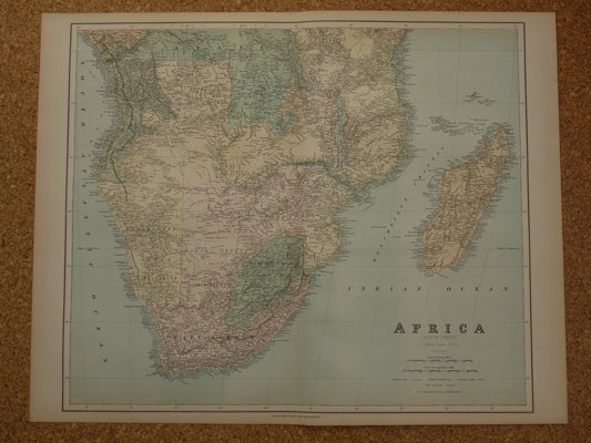 Antieke kaart zuiden van Afrika uit 1890 Grote originele 130+ jaar oude landkaart Madagaskar Mozambique Zambia Zuid-Afrika