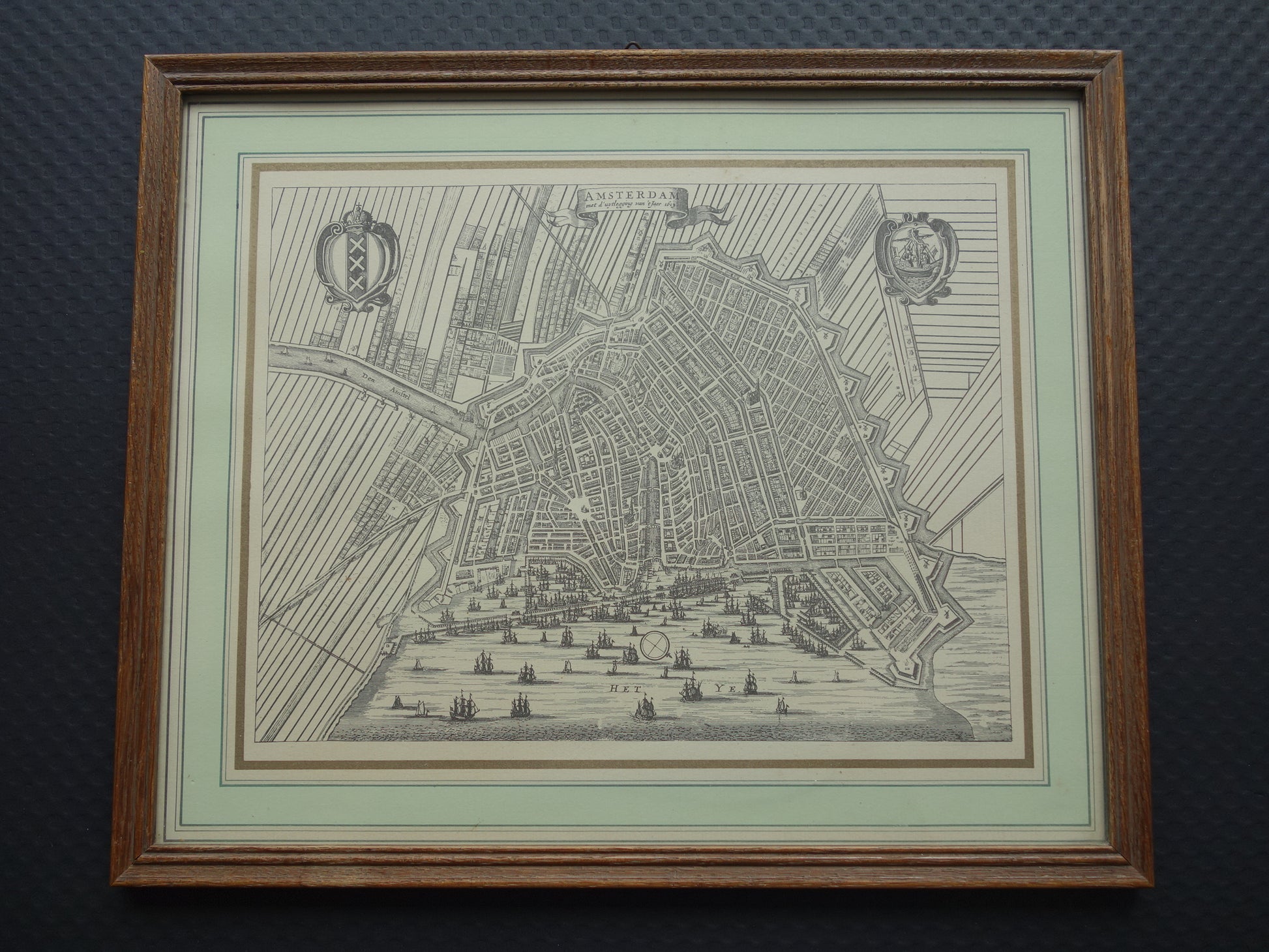 ingelijste oude plattegrond kaart van Amsterdam te koop