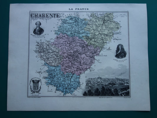 Oude kaart van Charente departement in Frankrijk uit 1886 originele antieke handgekleurde landkaart Cognac Angoulême