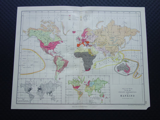 Vintage WERELDKAART oude etnografische kaart van de Wereld uit 1871 Antieke print Antropologie Volkenkunde Ethnologie Menselijke Rassen