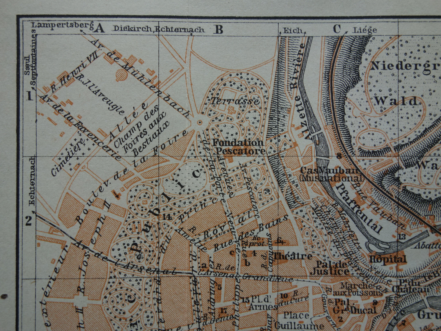 LUXEMBURG oude kaart van Luxembourg Stad uit 1904 kleine originele antieke plattegrond landkaart