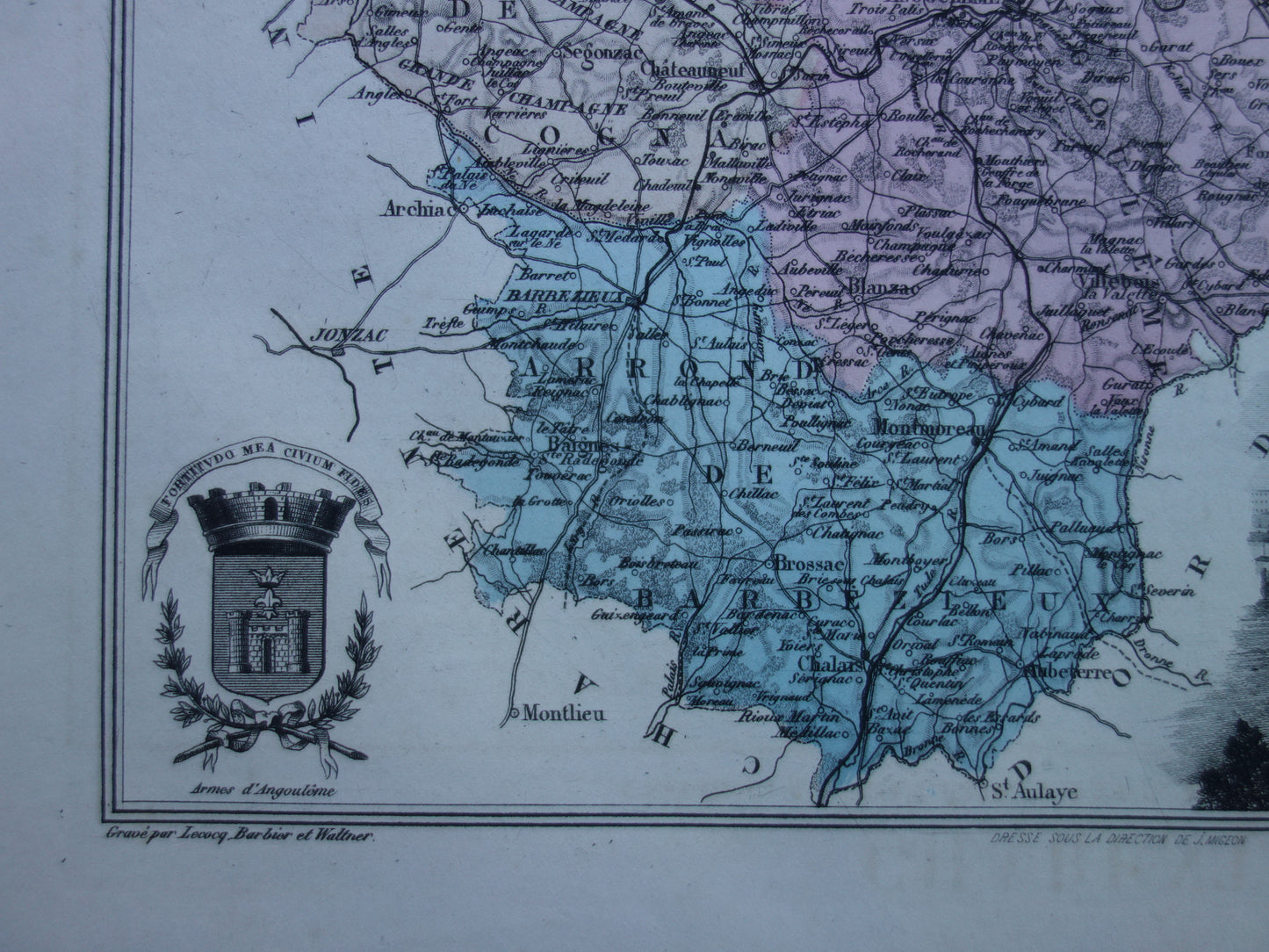 Oude kaart van Charente departement in Frankrijk uit 1886 originele antieke handgekleurde landkaart Cognac Angoulême