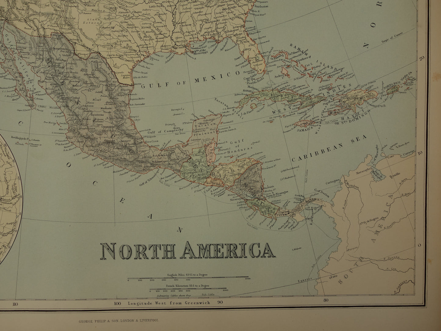 Oude kaart van Noord-Amerika uit 1890 Grote antieke Engelse landkaart