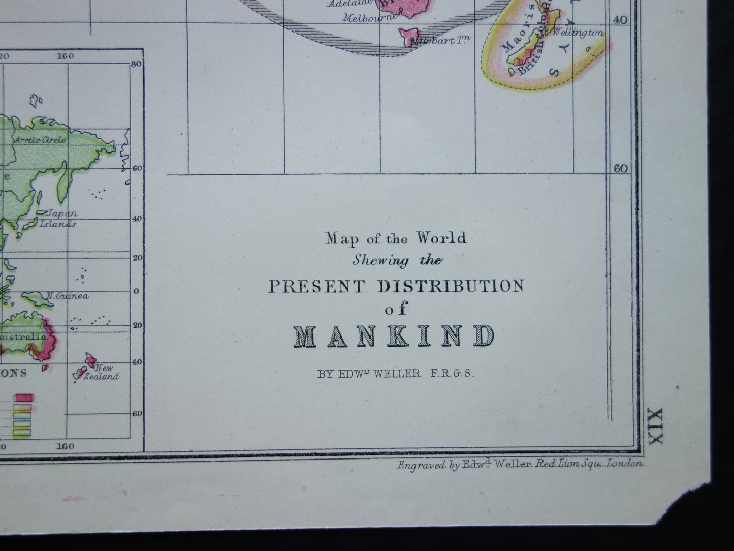 Vintage WERELDKAART oude etnografische kaart van de Wereld uit 1871 Antieke print Antropologie Volkenkunde Ethnologie Menselijke Rassen