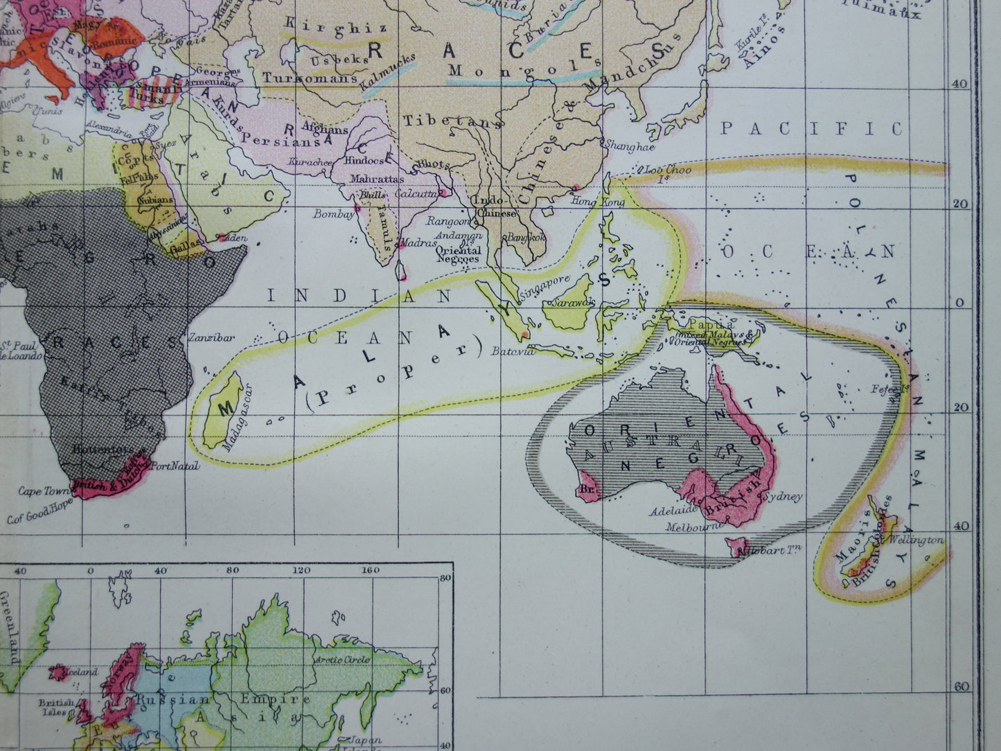 Vintage WERELDKAART oude etnografische kaart van de Wereld uit 1871 Antieke print Antropologie Volkenkunde Ethnologie Menselijke Rassen