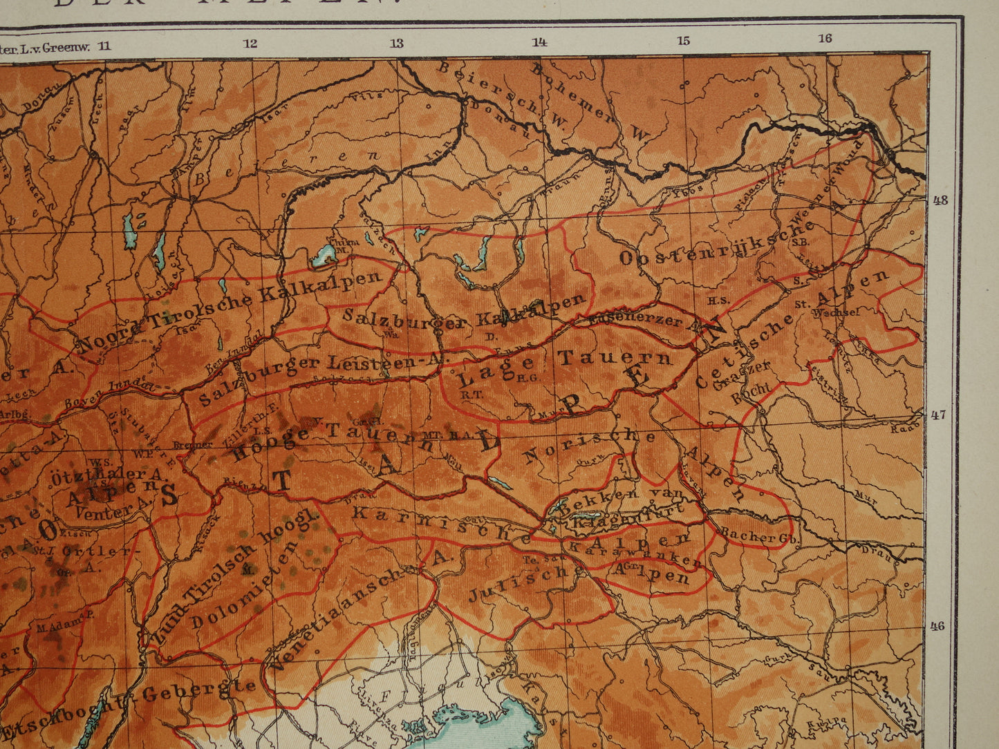 Oude kaart van de Alpen uit 1914 Originele vintage hoogtekaart van de Alpen antieke landkaart