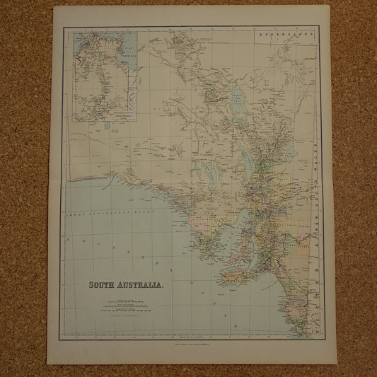 Grote kaart van AUSTRALIË oude kaart van Souh Australia met Northern Territory 1895 originele antieke Engelse landkaart Zuid-Australië