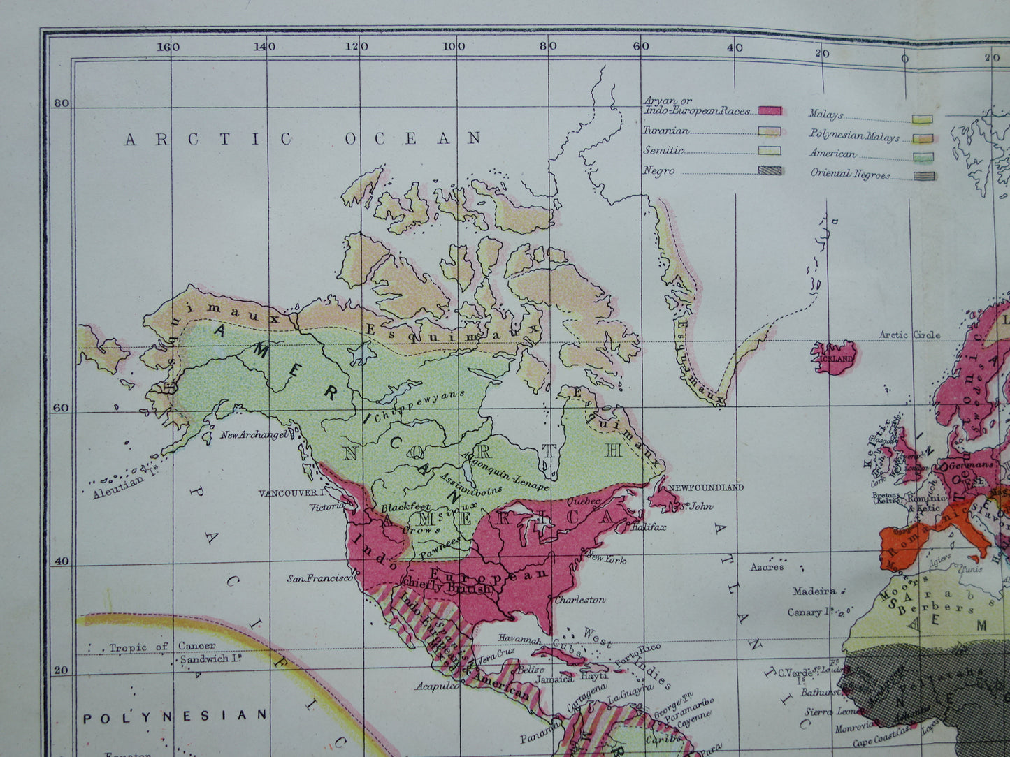 Vintage WERELDKAART oude etnografische kaart van de Wereld uit 1871 Antieke print Antropologie Volkenkunde Ethnologie Menselijke Rassen