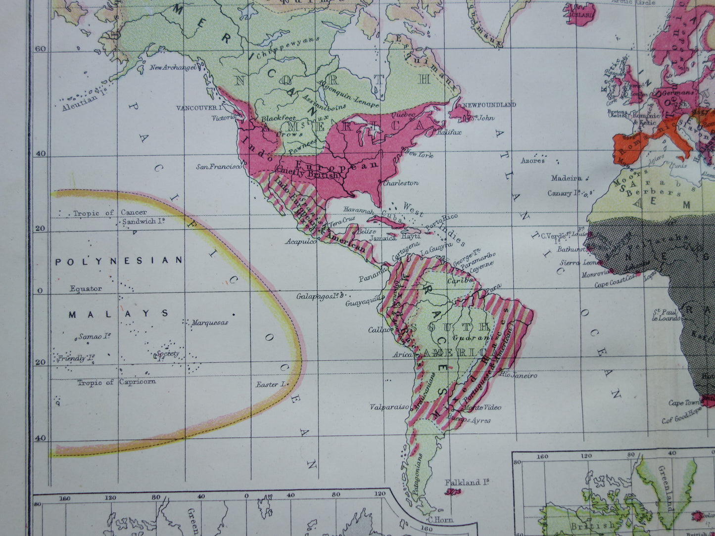 Vintage WERELDKAART oude etnografische kaart van de Wereld uit 1871 Antieke print Antropologie Volkenkunde Ethnologie Menselijke Rassen