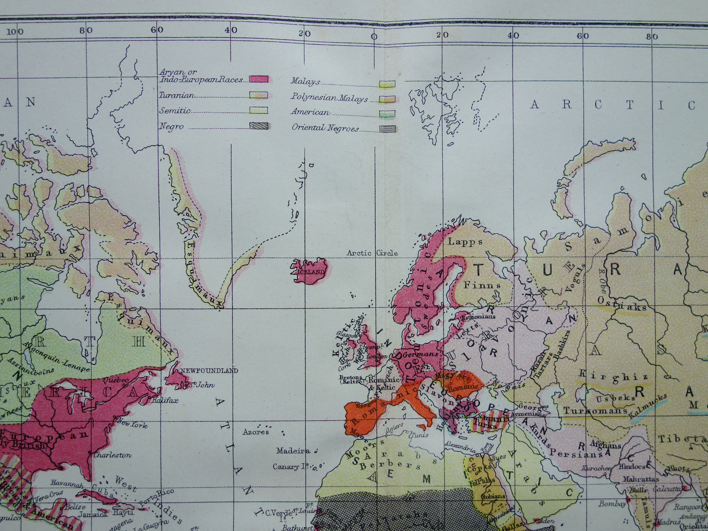 Vintage WERELDKAART oude etnografische kaart van de Wereld uit 1871 Antieke print Antropologie Volkenkunde Ethnologie Menselijke Rassen