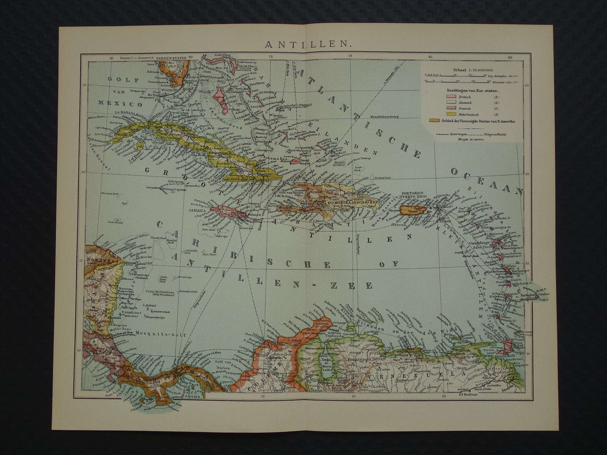 ANTILLEN Oude Nederlandse kaart van het Caraïbisch gebied 1914 originele antieke landkaart