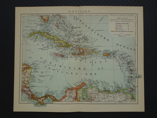 ANTILLEN Oude Nederlandse kaart van het Caraïbisch gebied 1914 originele antieke landkaart