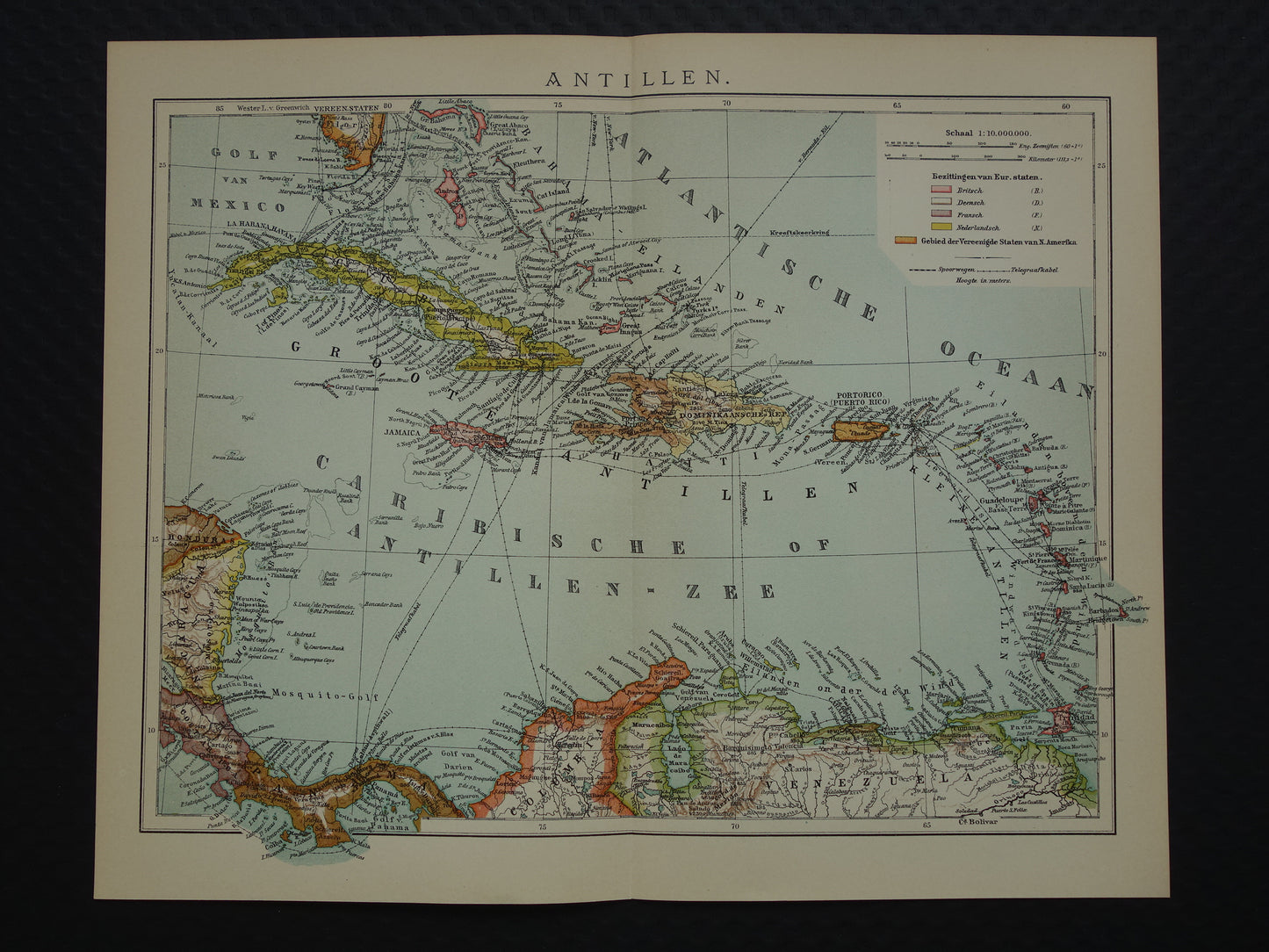 ANTILLEN Oude Nederlandse kaart van het Caraïbisch gebied 1914 originele antieke landkaart