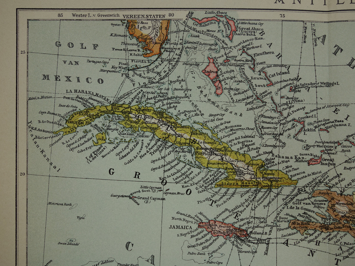 ANTILLEN Oude Nederlandse kaart van het Caraïbisch gebied 1914 originele antieke landkaart