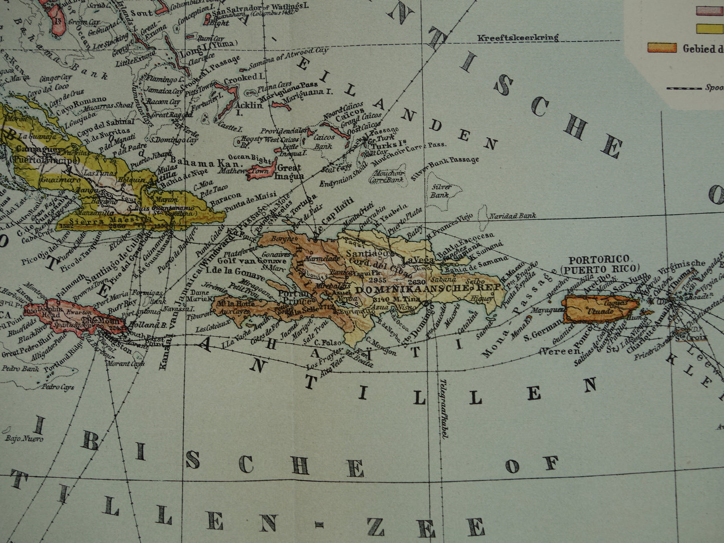 ANTILLEN Oude Nederlandse kaart van het Caraïbisch gebied 1914 originele antieke landkaart