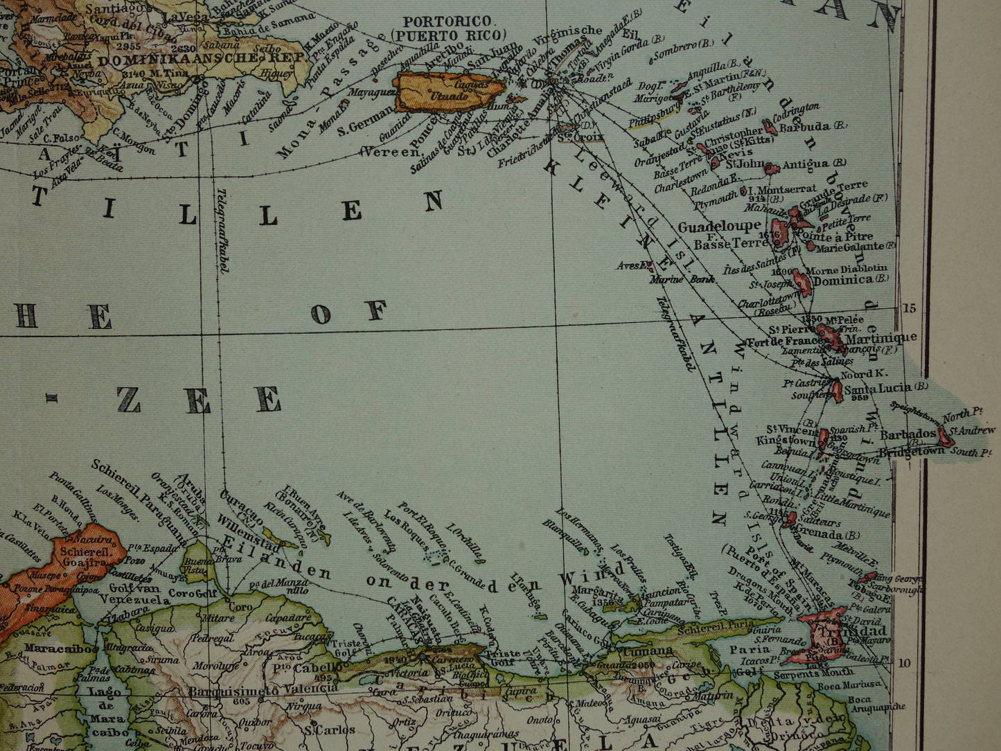 ANTILLEN Oude Nederlandse kaart van het Caraïbisch gebied 1914 originele antieke landkaart