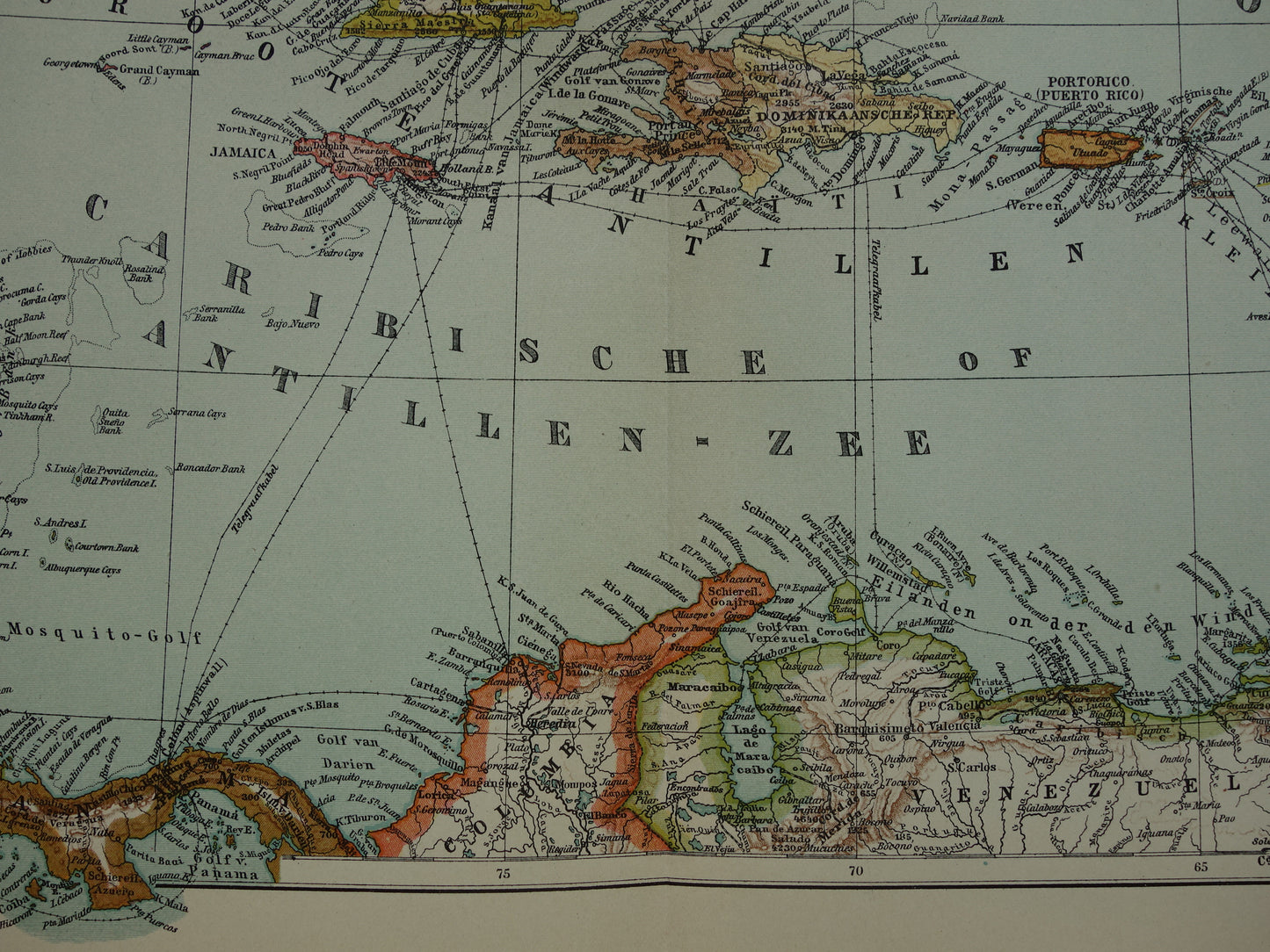 ANTILLEN Oude Nederlandse kaart van het Caraïbisch gebied 1914 originele antieke landkaart