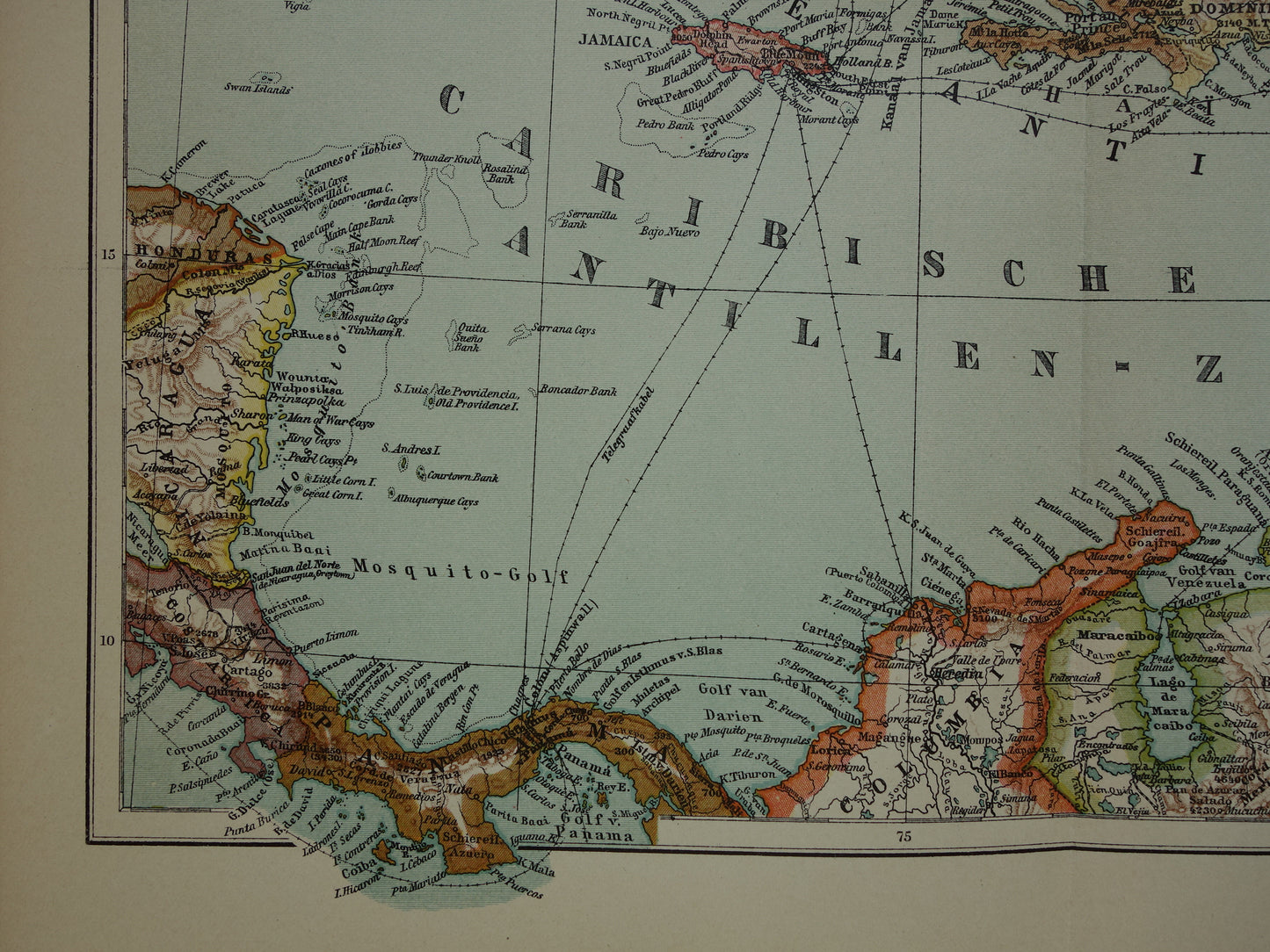 ANTILLEN Oude Nederlandse kaart van het Caraïbisch gebied 1914 originele antieke landkaart