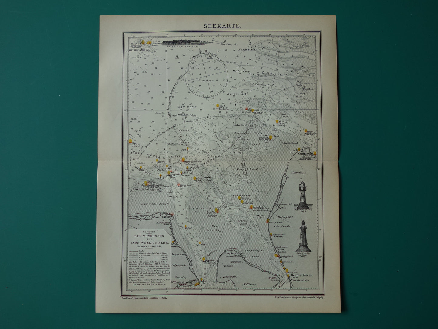 Oude kaart monding van Jade Weser Elbe rivier 1908 originele Duitse antieke print van delta Noordzee vintage kaarten Bremerhaven zeekaart diepte