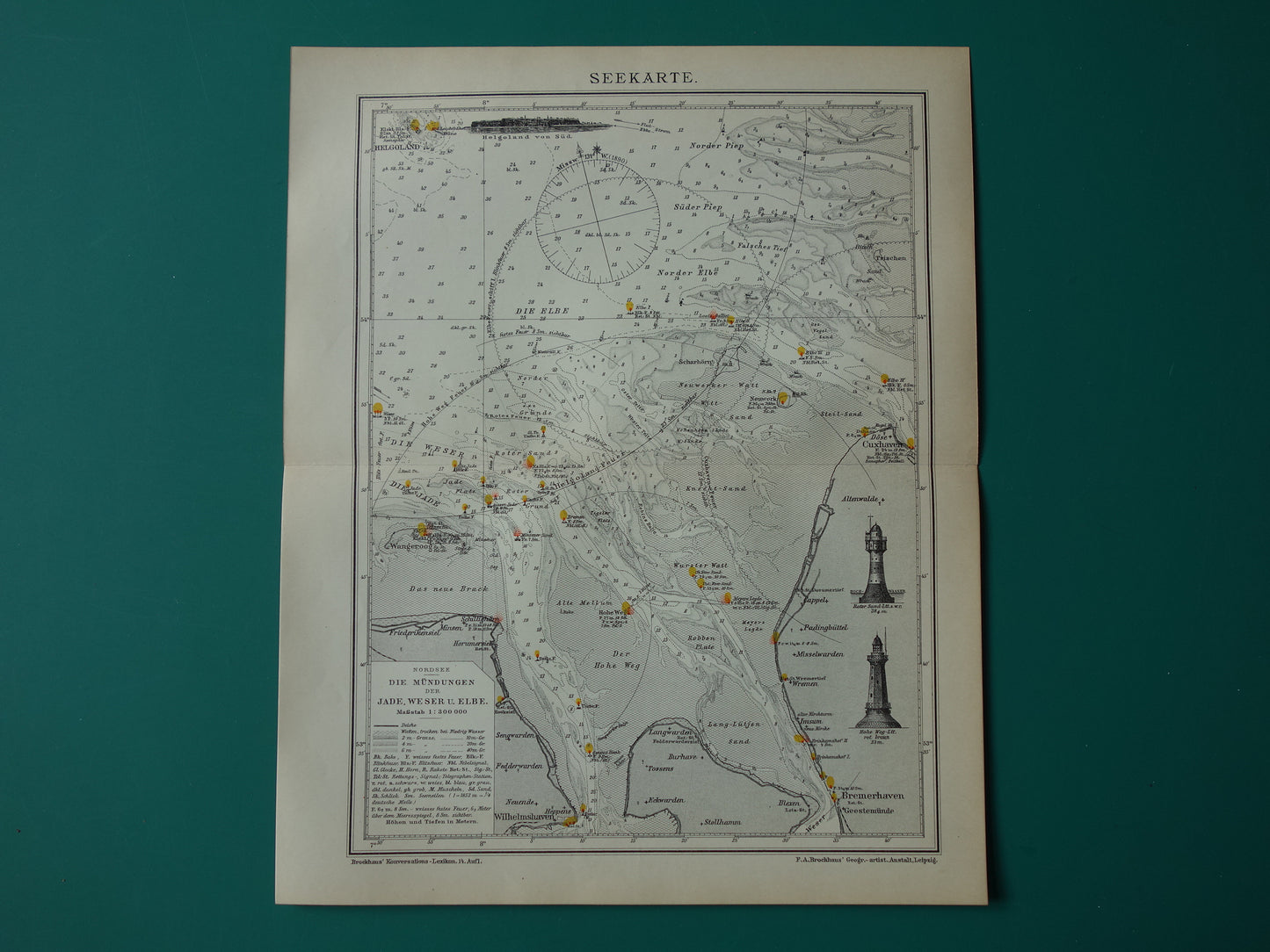 Oude kaart monding van Jade Weser Elbe rivier 1908 originele Duitse antieke print van delta Noordzee vintage kaarten Bremerhaven zeekaart diepte