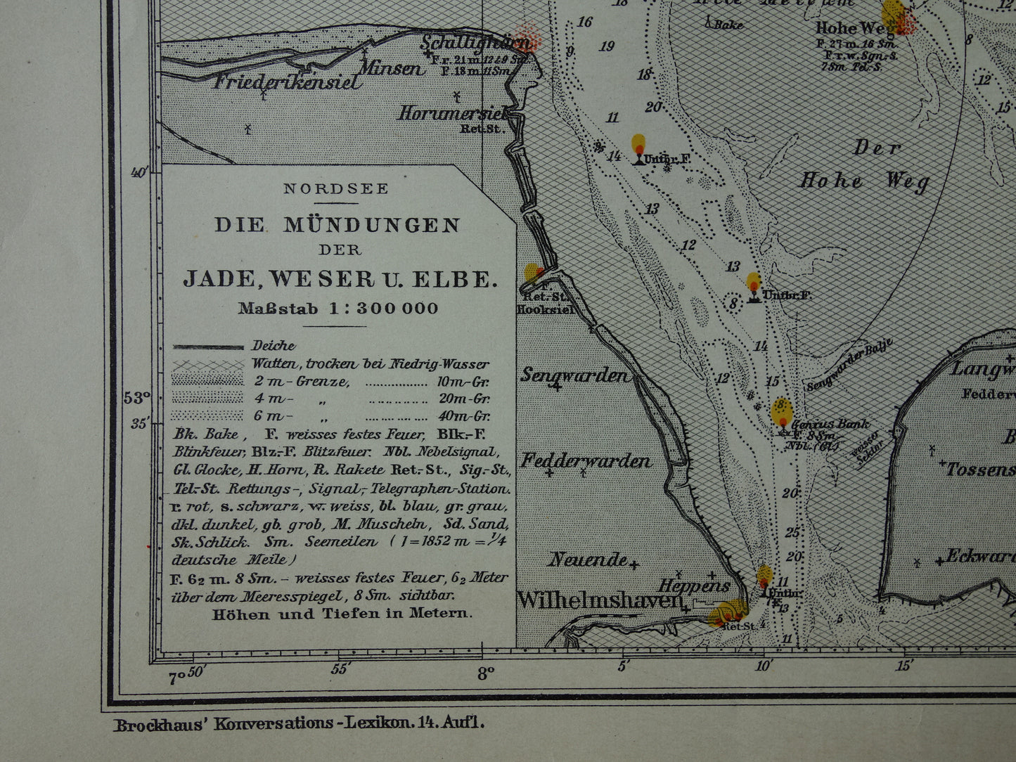 Oude kaart monding van Jade Weser Elbe rivier 1908 originele Duitse antieke print van delta Noordzee vintage kaarten Bremerhaven zeekaart diepte