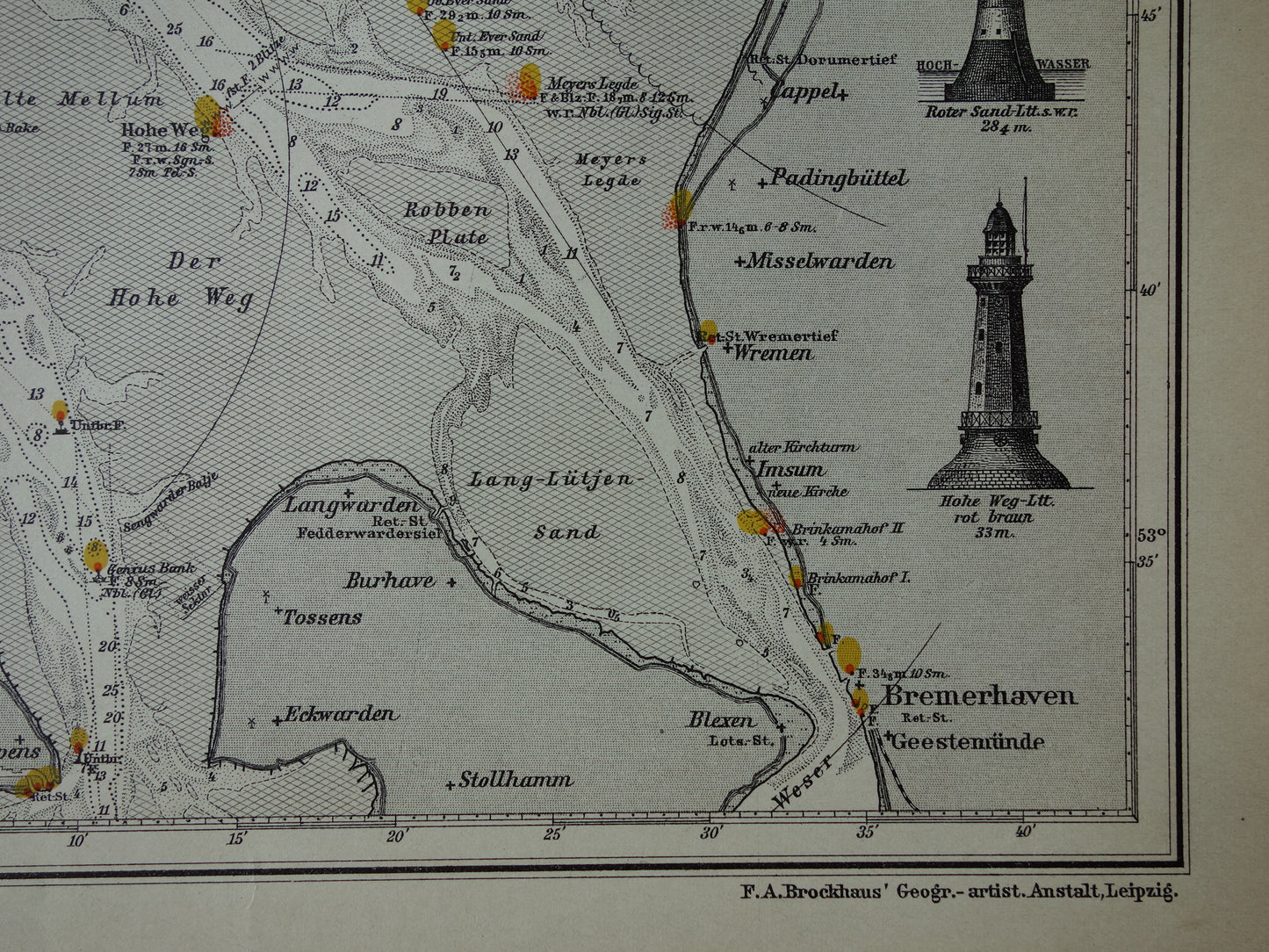 Oude kaart monding van Jade Weser Elbe rivier 1908 originele Duitse antieke print van delta Noordzee vintage kaarten Bremerhaven zeekaart diepte