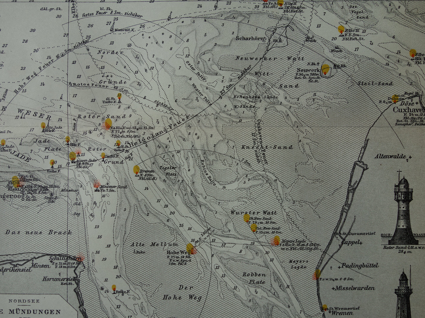 Oude kaart monding van Jade Weser Elbe rivier 1908 originele Duitse antieke print van delta Noordzee vintage kaarten Bremerhaven zeekaart diepte