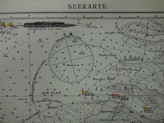 Alte Karte der Mündung der Jade-Weser (Elbe), 1908, originaler deutscher antiker Druck des Deltas, Nordsee-Vintage-Karten, Bremerhaven-Seekarte, Tiefenkarte