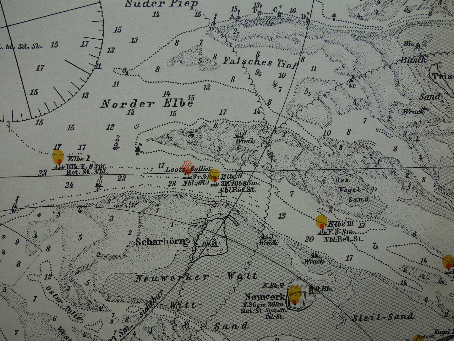 Oude kaart monding van Jade Weser Elbe rivier 1908 originele Duitse antieke print van delta Noordzee vintage kaarten Bremerhaven zeekaart diepte